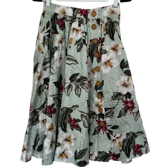 NWT HELL BUNNY RETRO 50S VINTAGE STYLE GREEN FLORAL TAHITI SKIRT SIZE SMALL - Picture 6 of 15